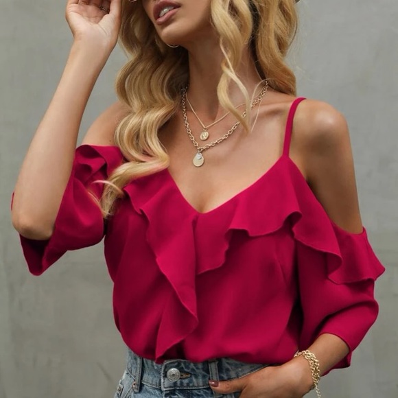Boho ruffle hem cold shoulder top - Picture 7 of 15